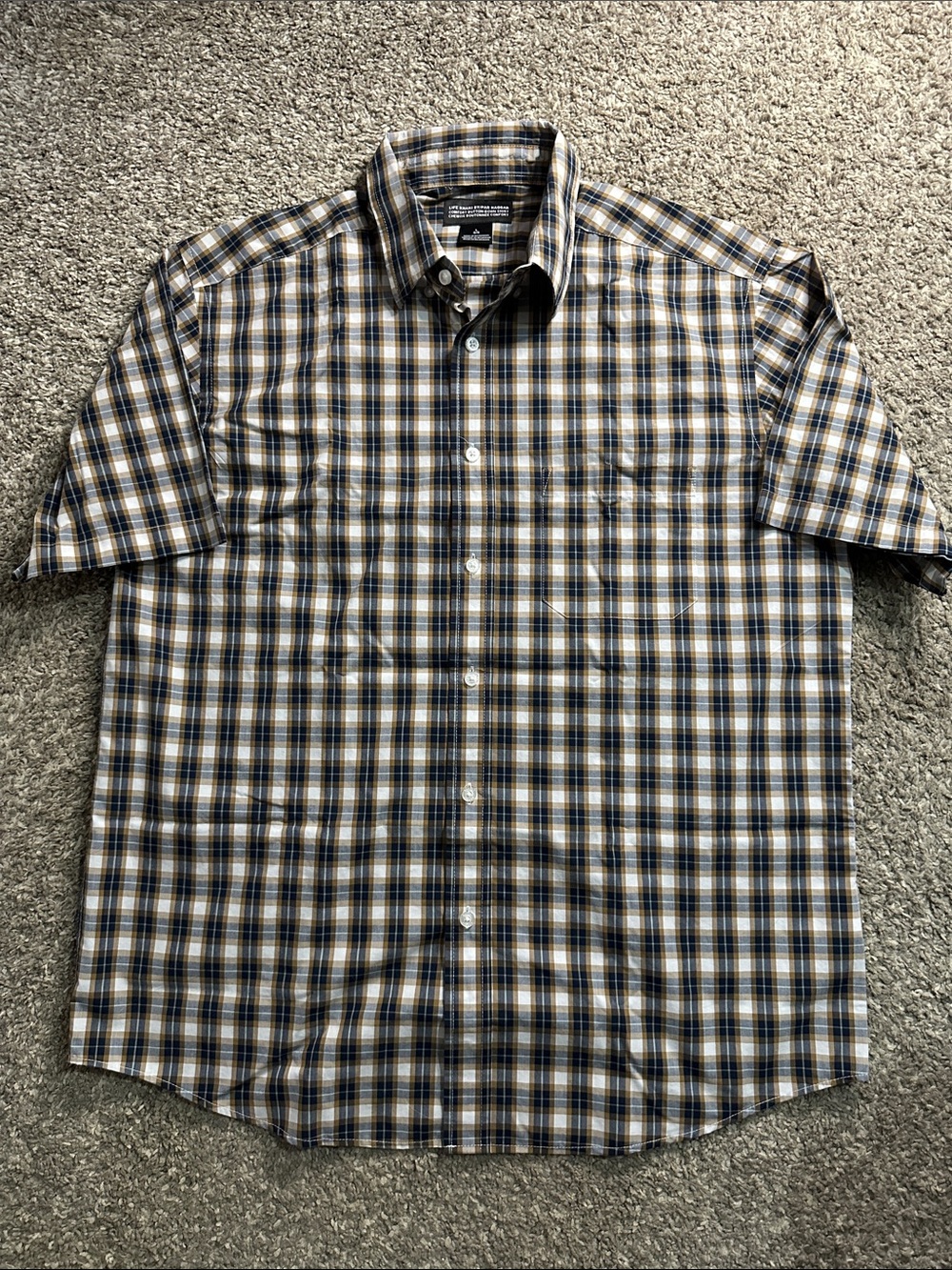 Haggar Plaid Short-Sleeve Button-Down Shirt in Blue and Tan